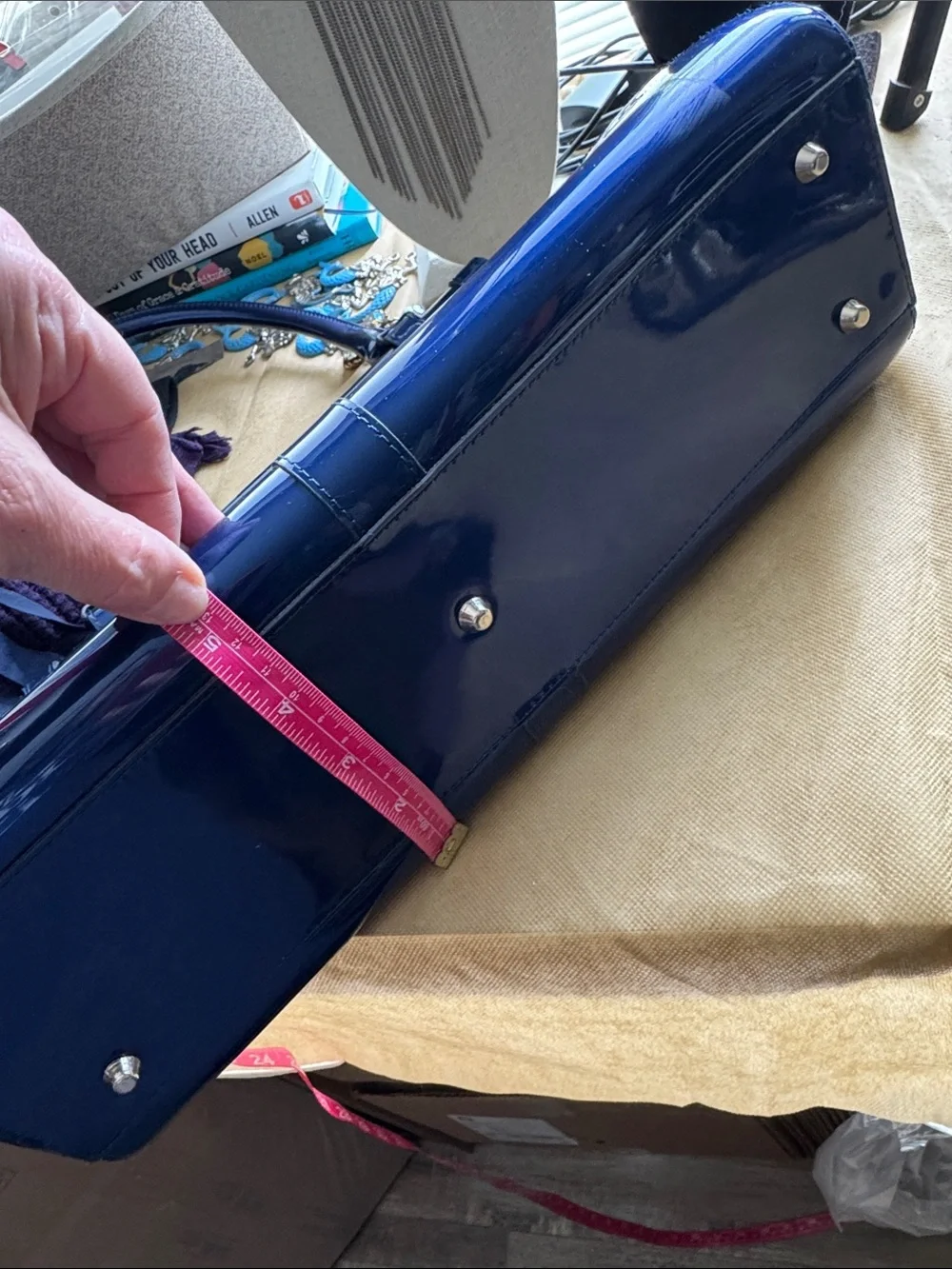 Beijo Navy Patent Satchel with Silver-Tone Lock Matching Wallet